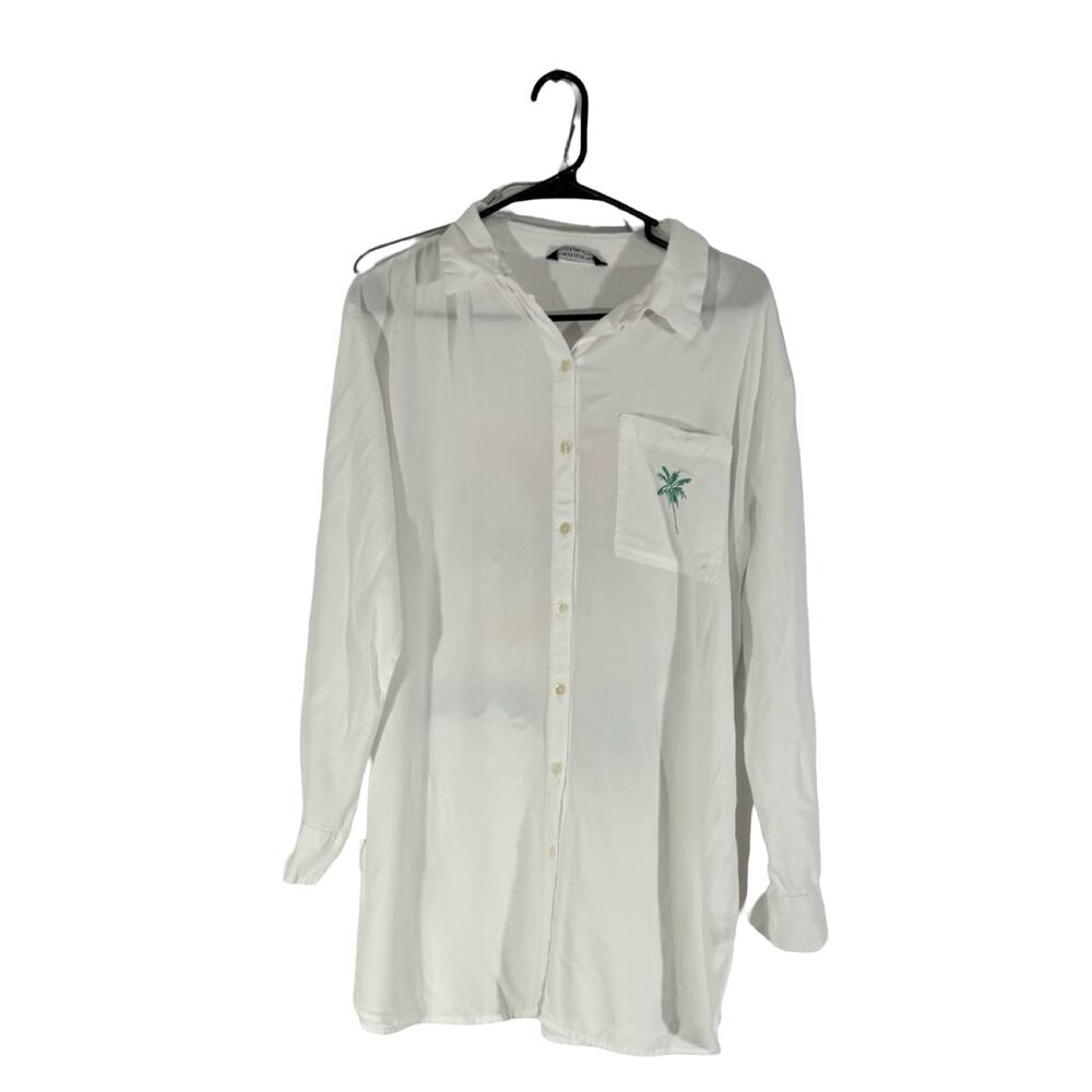 Club Z Collection XL White palm Tree Long sleeve button front rayon tunic shirt